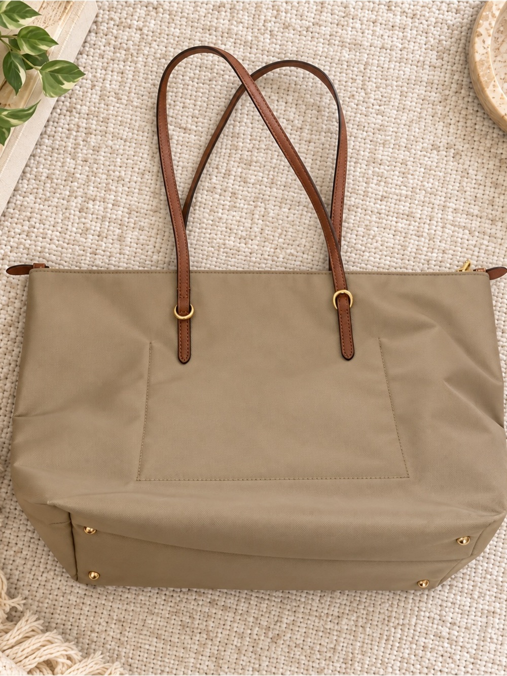 Lauren Ralph Lauren Medium Keaton Nylon Tote Khaki Cognac Leather Gold - Picture 2 of 9